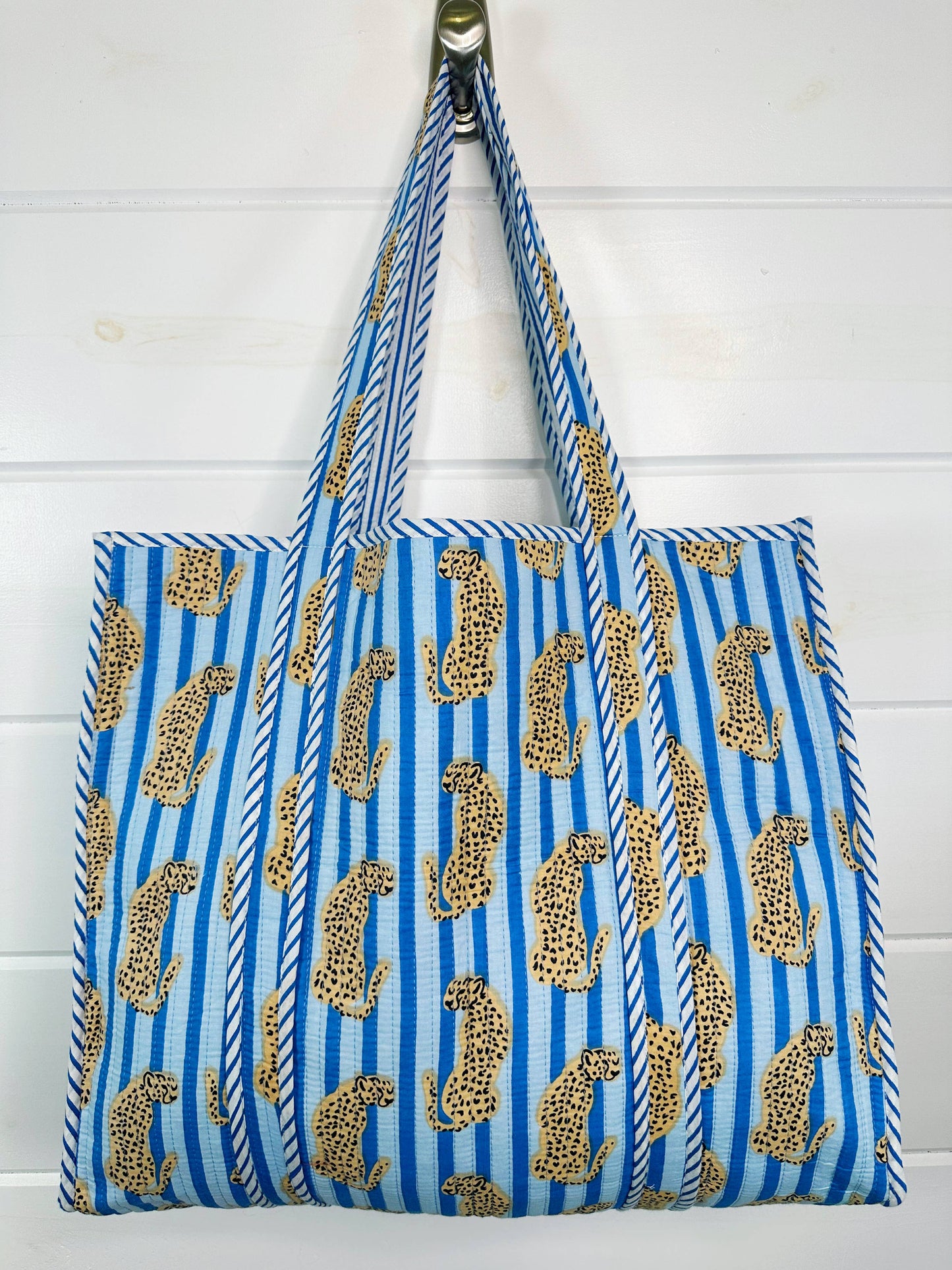 Quilted Tote Bag | Blue Striped Jaguar