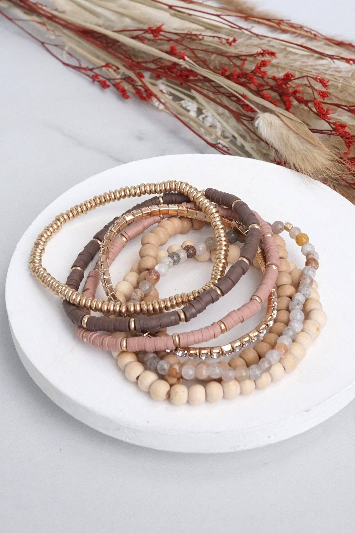 Beaded Bracelet stack of Neutral, Gold & Sparkle | Stack of 7
