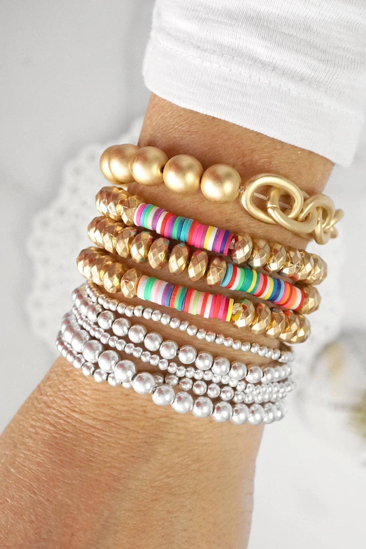 Beaded Bracelet Multi Size stack in Silver | Set of 6