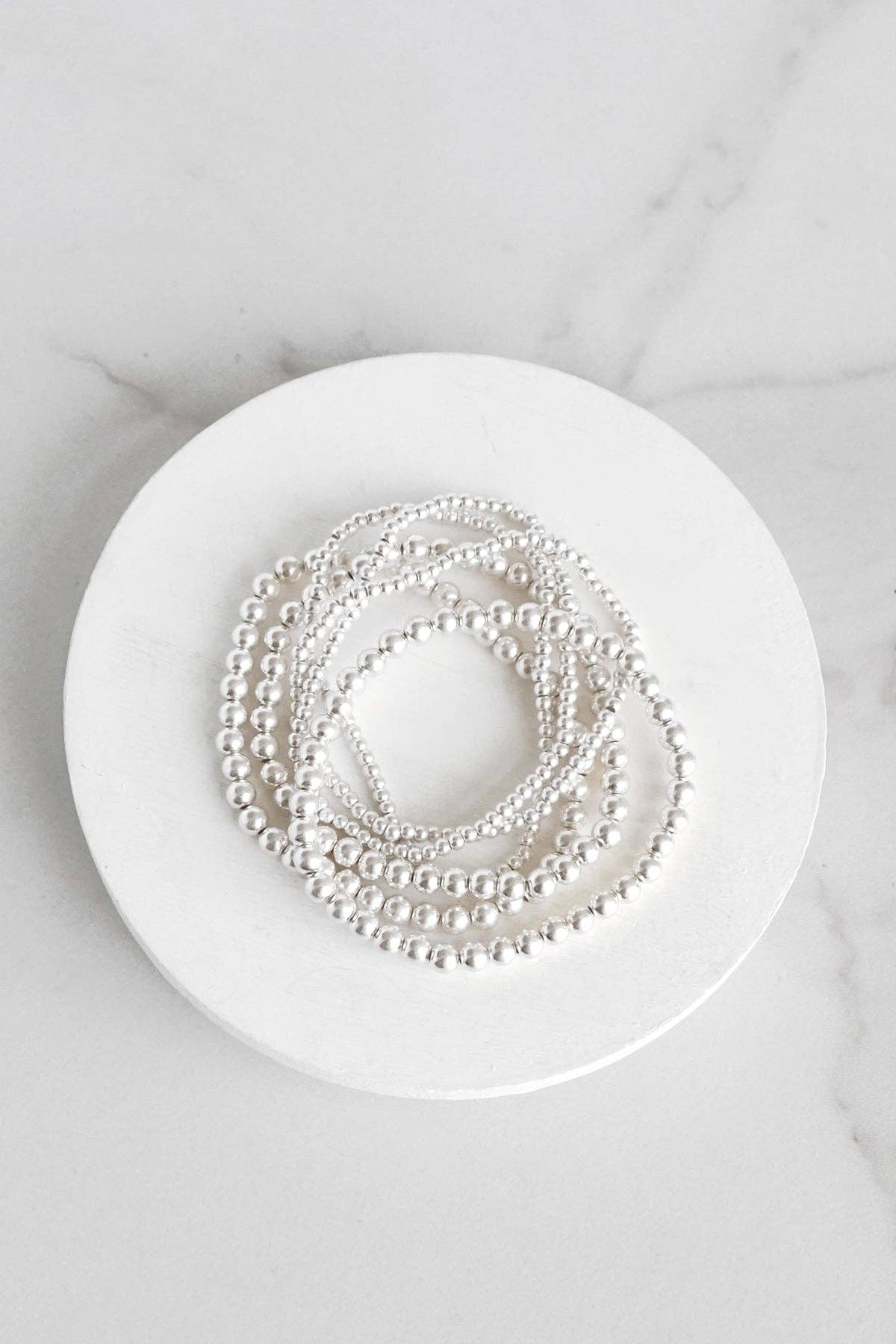 Beaded Bracelet Multi Size stack in Silver | Set of 6