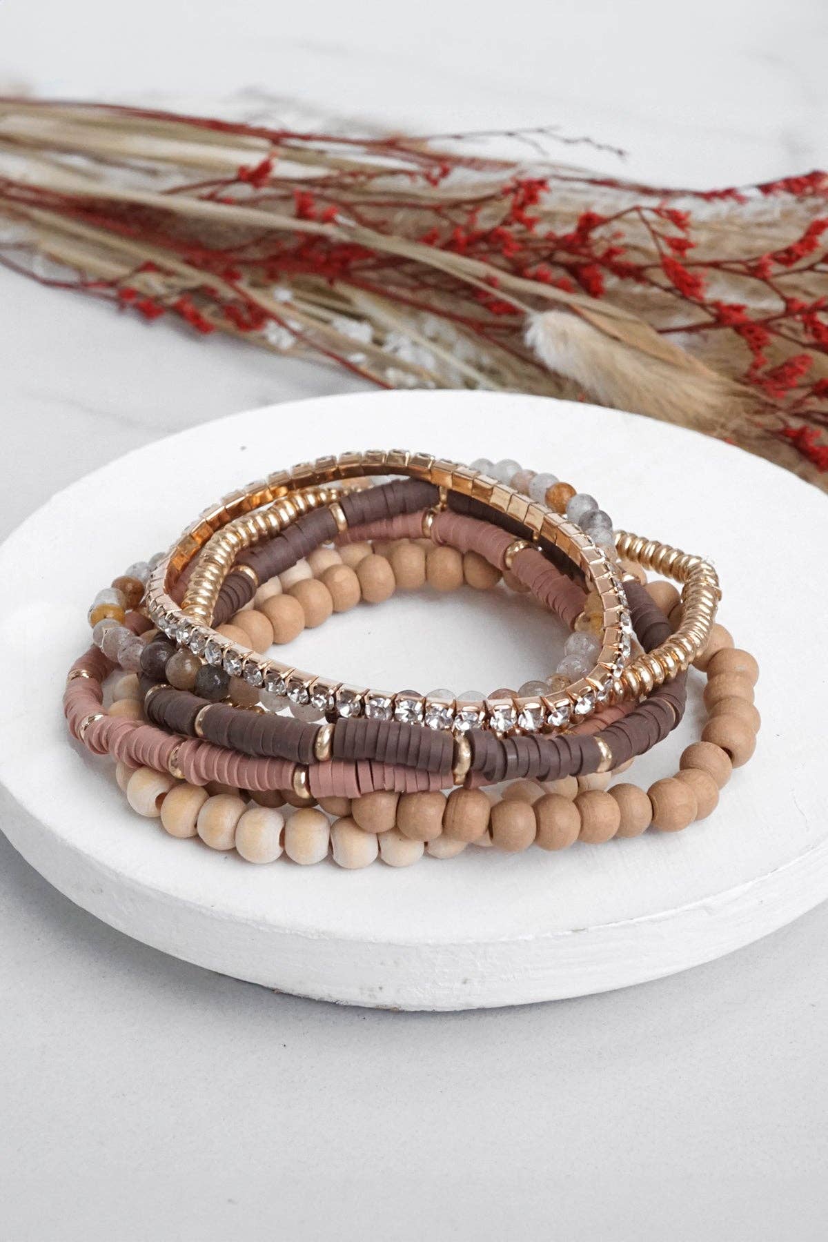 Beaded Bracelet stack of Neutral, Gold & Sparkle | Stack of 7