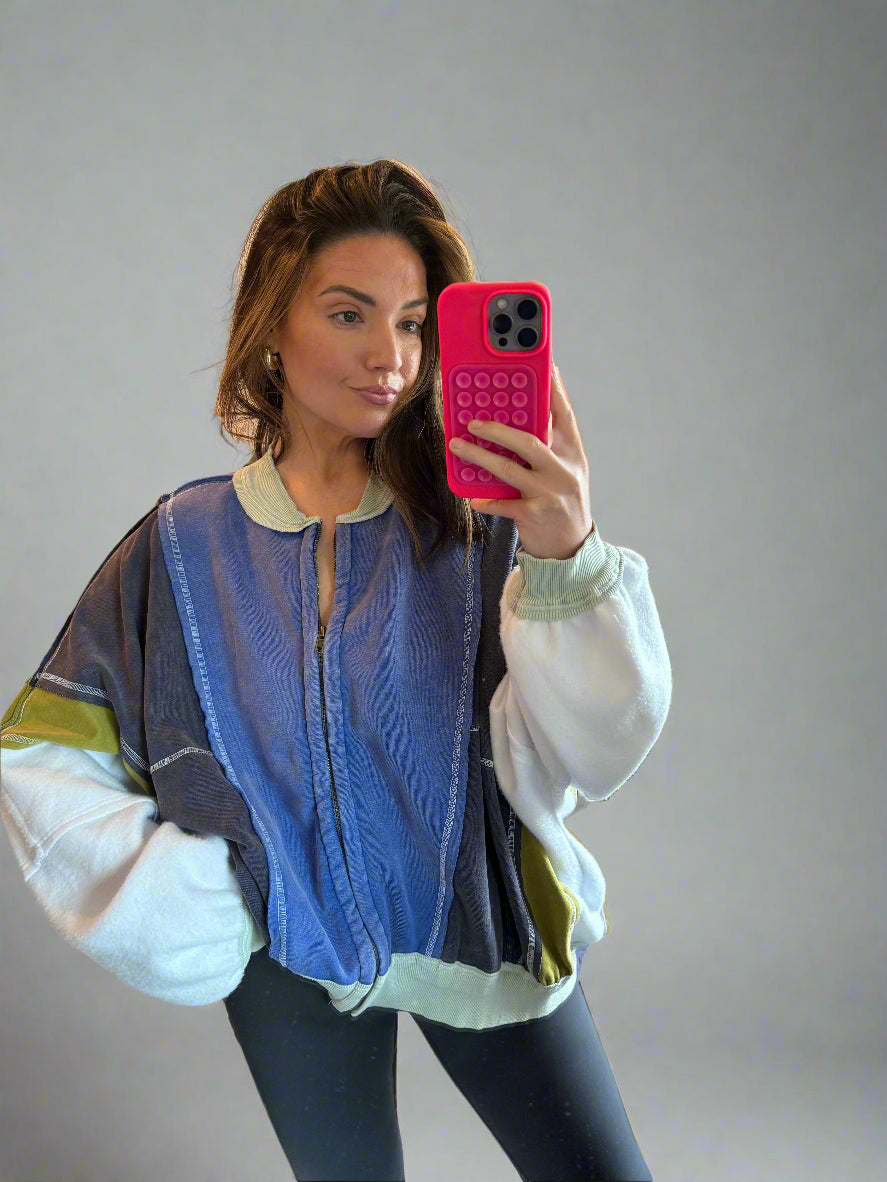 Colorblock Zip Up Jacket | Blue, Navy, Mint & Green