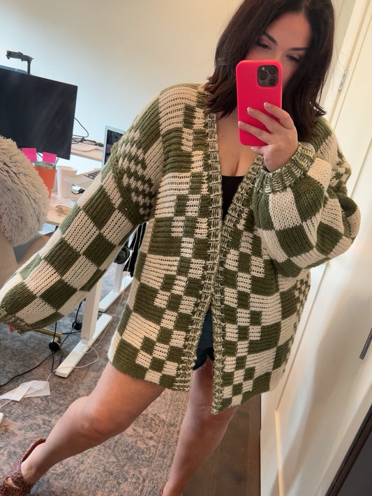 Checkered Cardigan Top | Olive Green