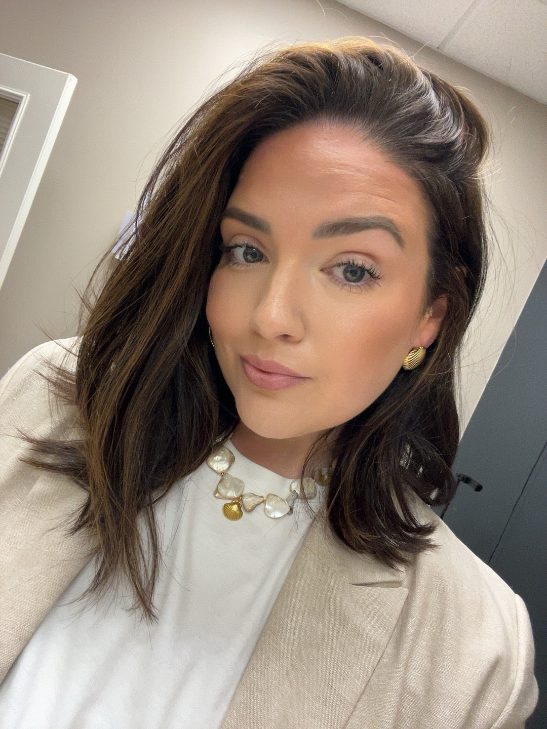 Calico Shell Necklace on Tarin with Shell Earrings in Gold