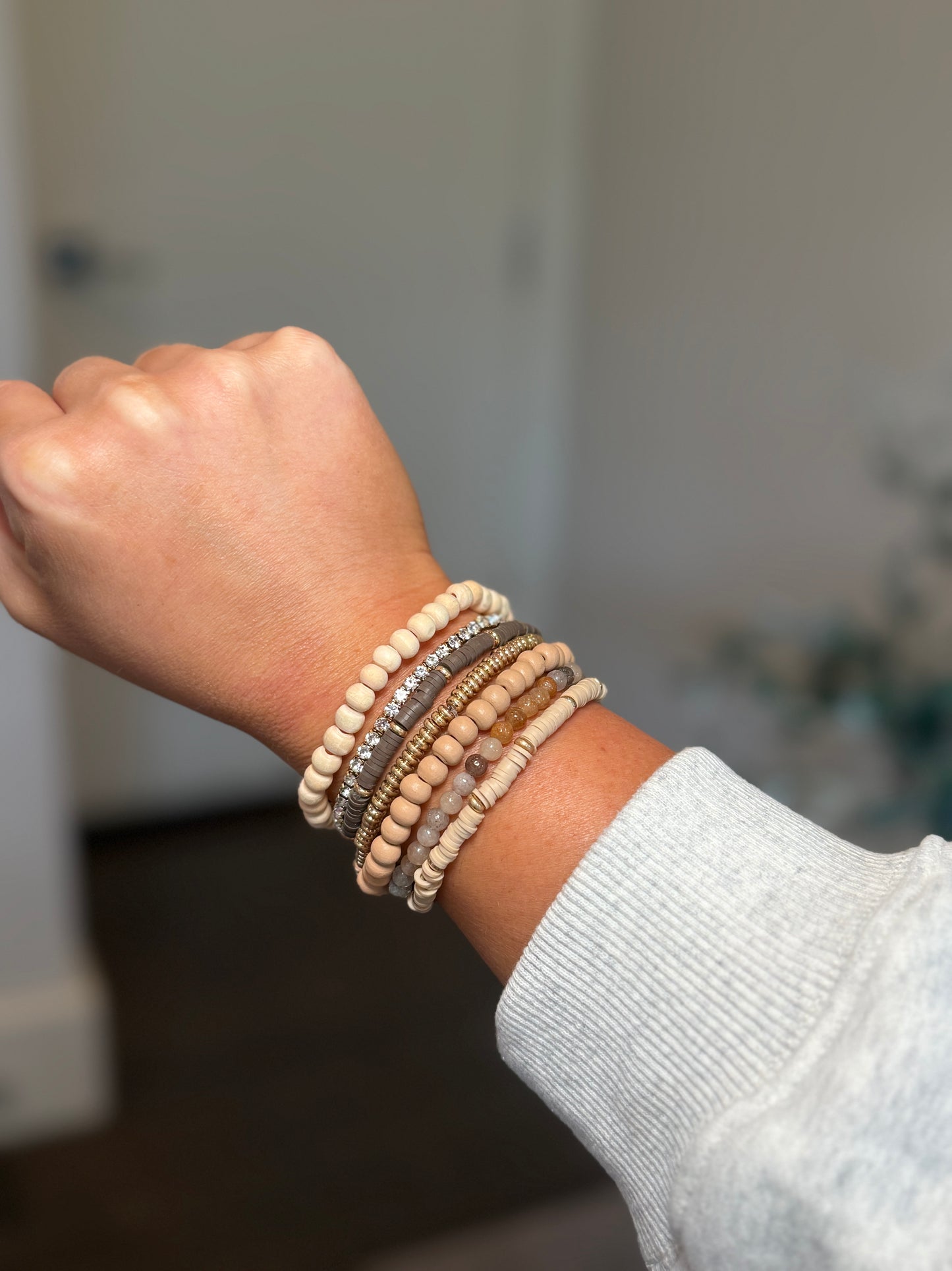 Beaded Bracelet stack of Neutral, Gold & Sparkle | Stack of 7