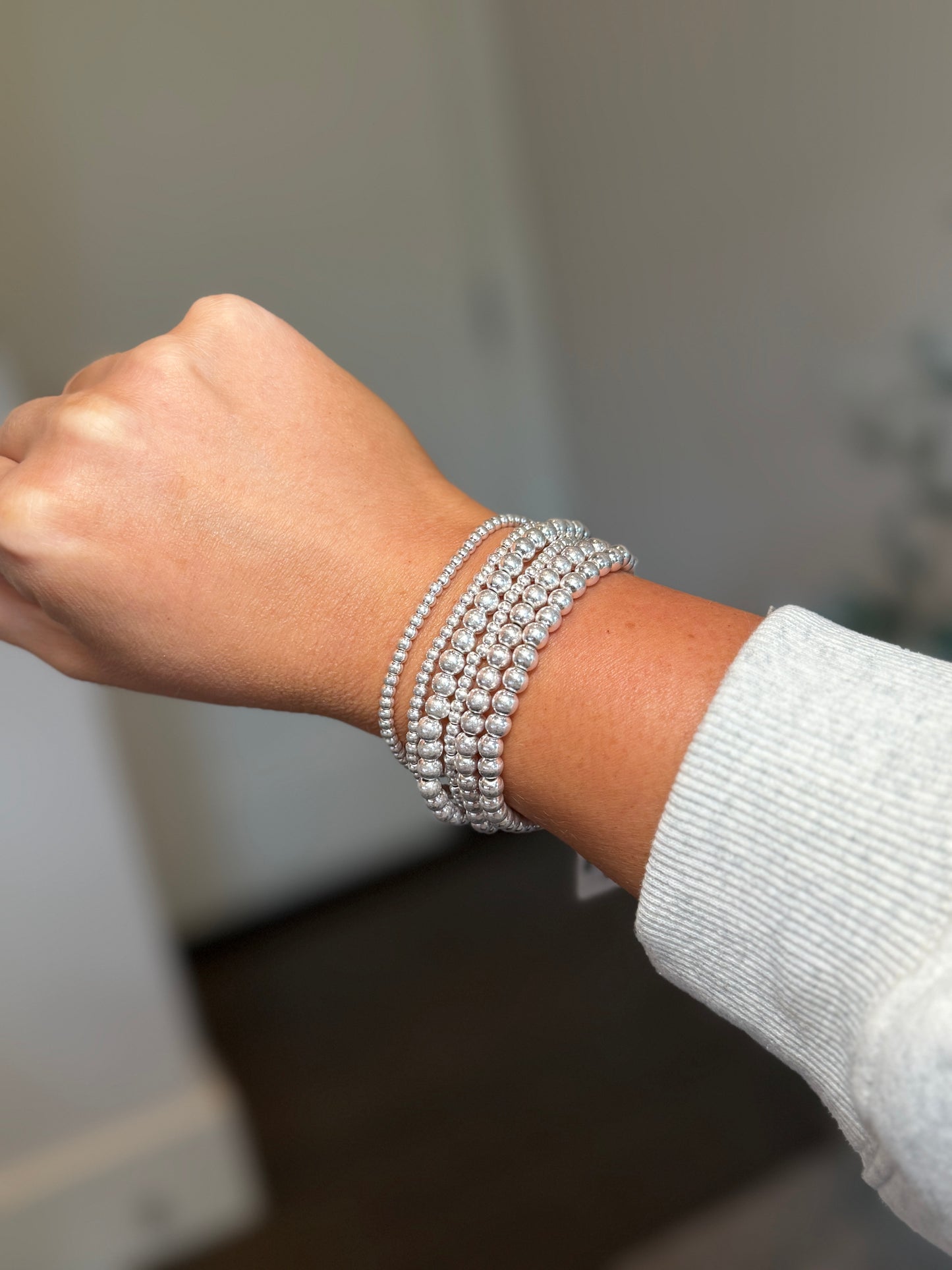 Beaded Bracelet Multi Size stack in Silver | Set of 6