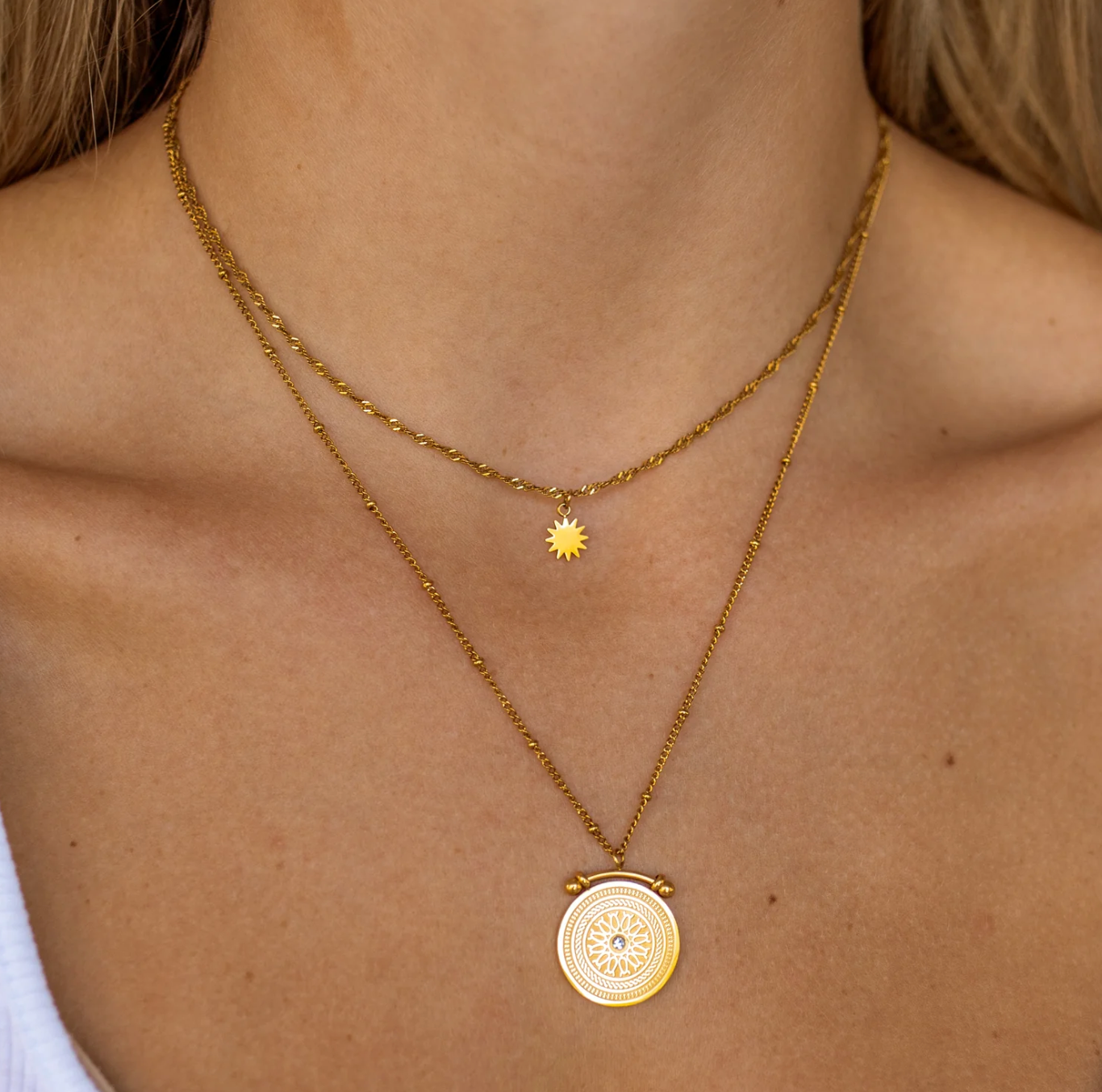 Limitless Gold Necklace Alco Jewelry, Double Necklace with Sun