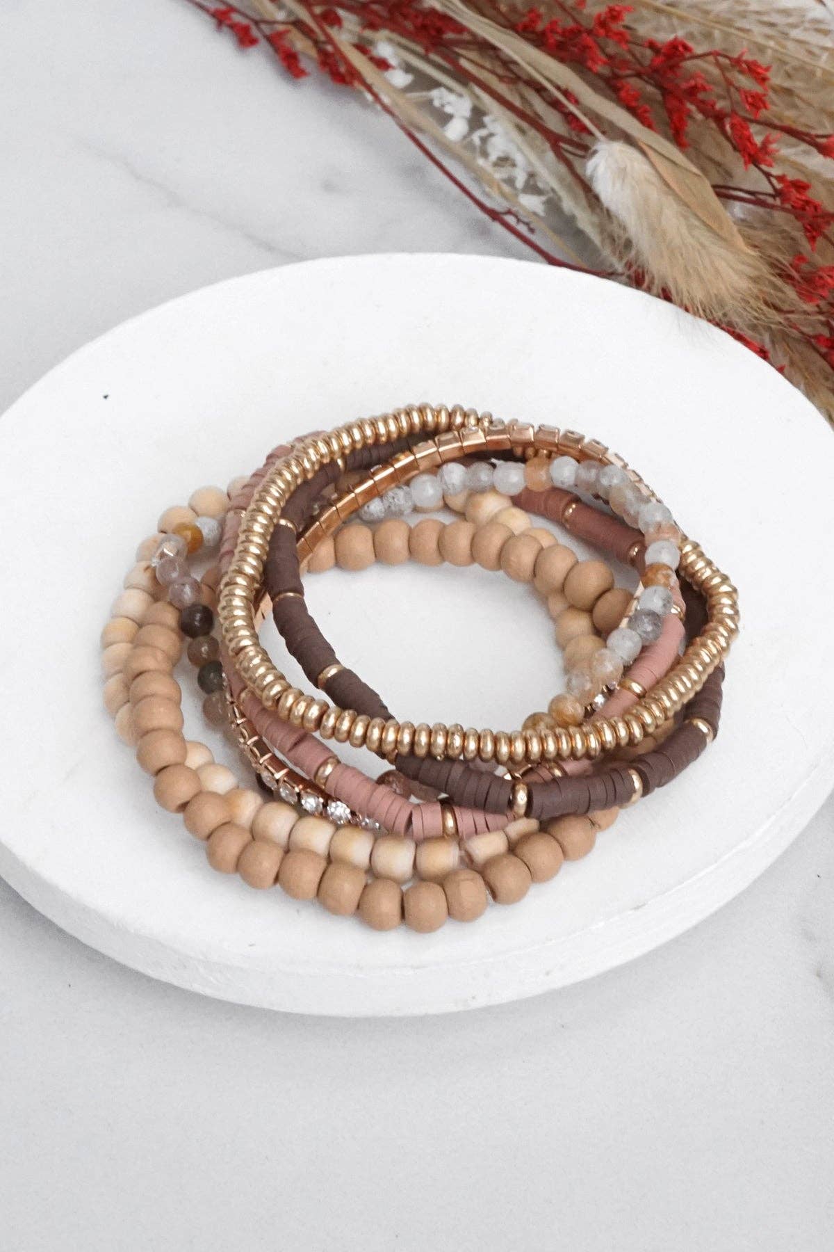 Beaded Bracelet stack of Neutral, Gold & Sparkle | Stack of 7