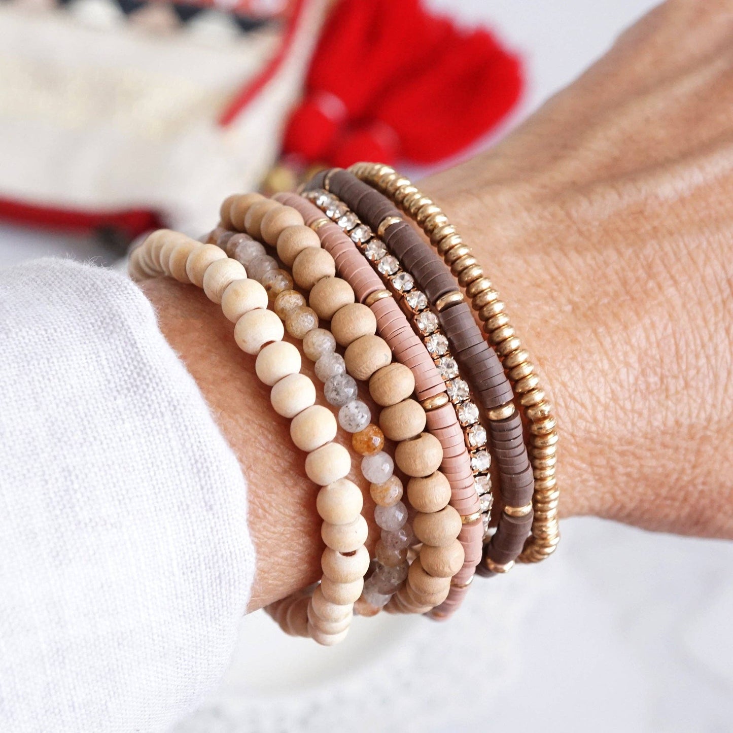 Beaded Bracelet stack of Neutral, Gold & Sparkle | Stack of 7