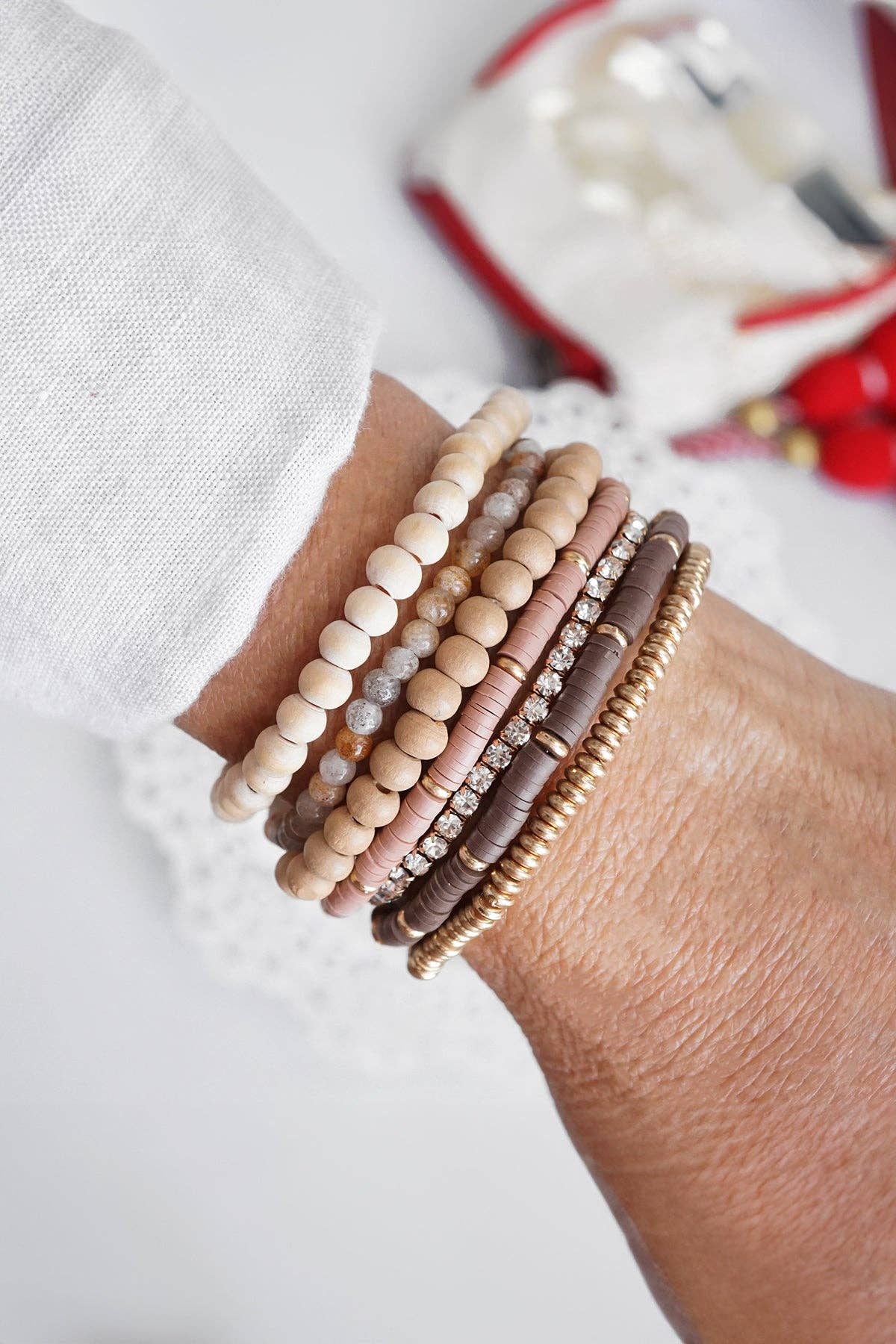 Beaded Bracelet stack of Neutral, Gold & Sparkle | Stack of 7