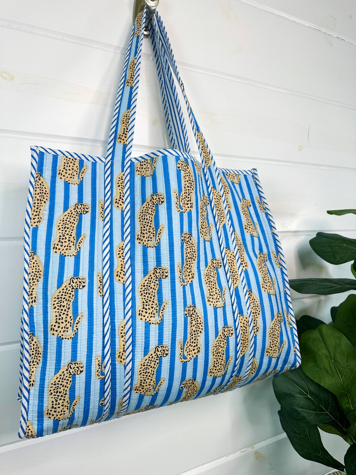 Quilted Tote Bag | Blue Striped Jaguar