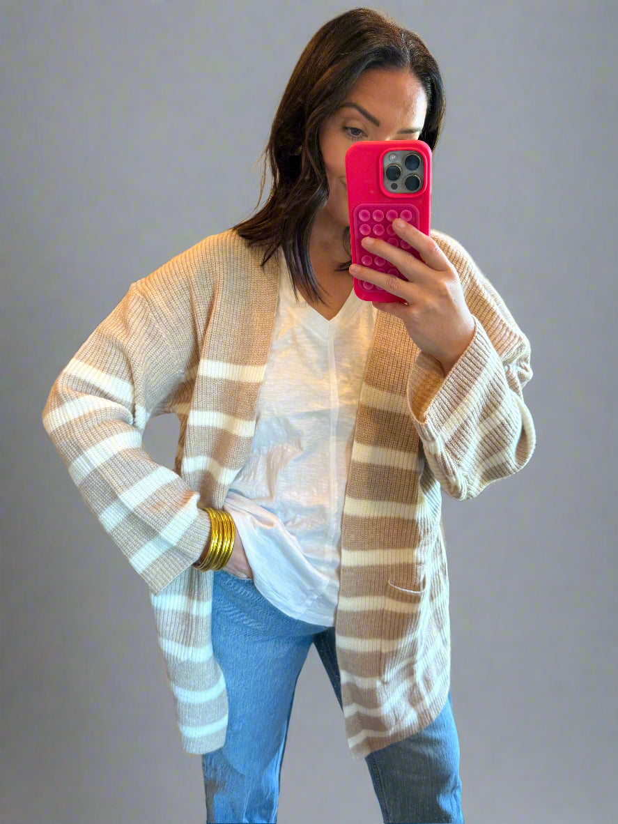 Neutral Stripe Oversized Maxi Cardigan