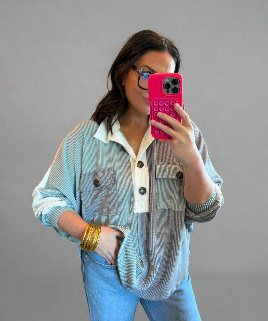 Sage Ribbed Pocket Pullover