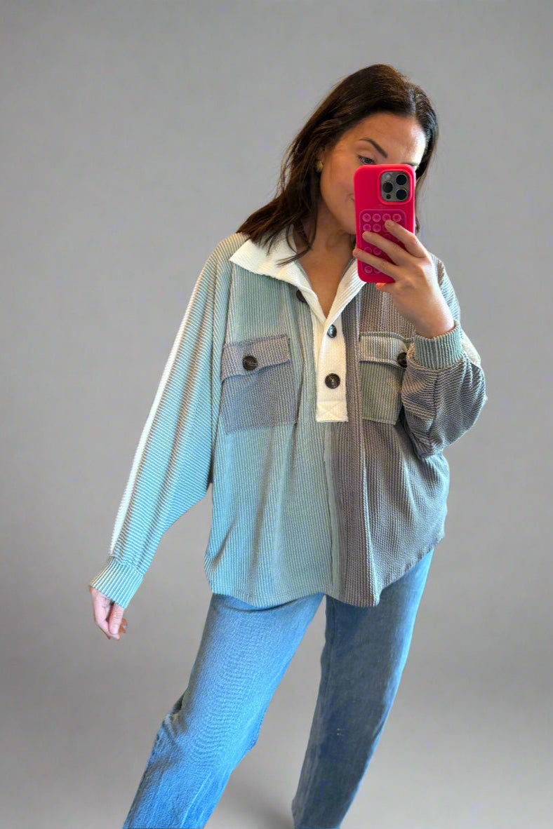 Sage Ribbed Pocket Pullover