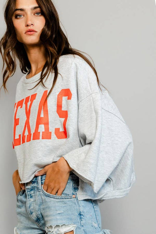 Tarin's Closet--Texas Sweatshirt Top | Grey & Red Orange